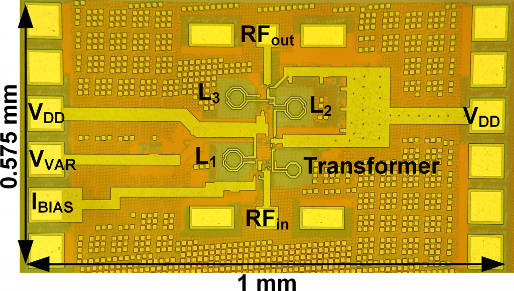 Die micrograph of the 4-channel amplifier array on 180 nm CMOS