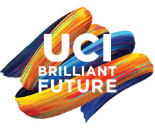 White, sans serif text reads "UCI Brilliant Future" in all caps on dazzling paintbrush strokes of shades of blue, red, and gold