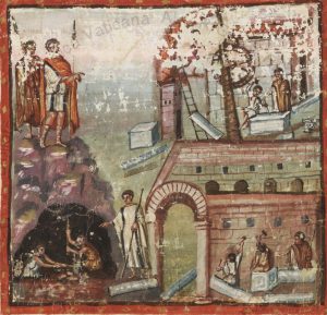 Aeneas and Achates entering Carthage, as pictured in the Vergilianus Vaticanus folio 13r, found at the Apostolic Library, Vatican