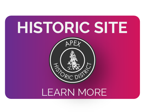 Logo with text Apex Historic Site on Purple and red graident