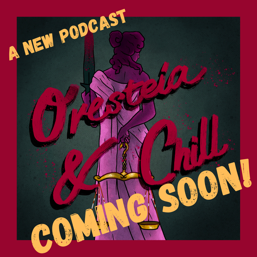 Oresteia and Chill Logo: Athena holds the knife with which Clytemnestra killed Agamemnon in her left hand and a set of golden scales spattered with blood in her right hand, behind her back. The scales are even.
