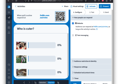 This image shows a poll everywhere activity with the website participation option enabled and, as a result, the presenter URL and QR code are shown in the instructions