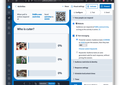 This image shows a poll everywhere activity with both the website and text messaging participation option enabled and, as a result, the presenter URL, QR code, and SMS instructions are all shown in the instructions