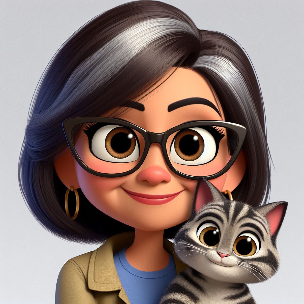 AI generated avatar. Latina woman with brown and silver hear wearing glasses holding a tabby cat.